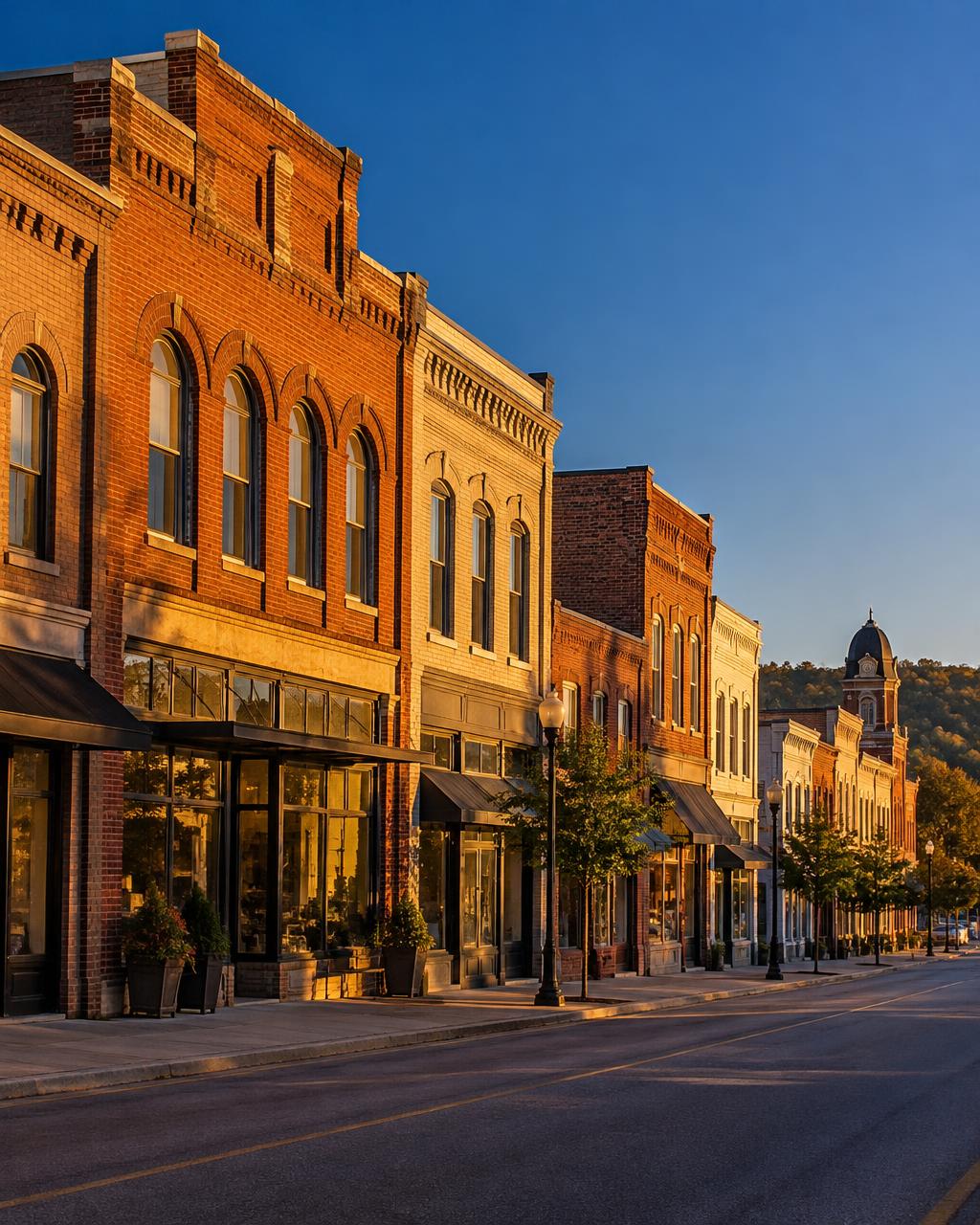 Historic brick storefronts along a downtown street in Cartersville, Georgia at golden hour